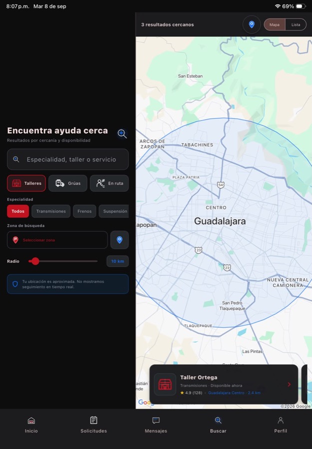 Mapa con filtros por especialidad y zona