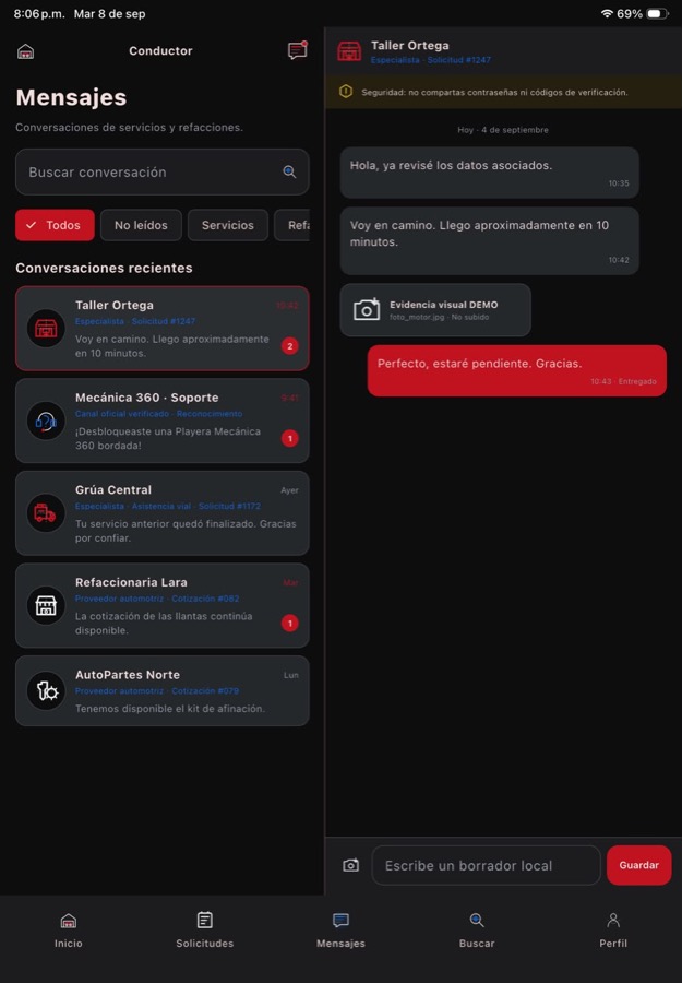 Vista de conversaciones de servicios y refacciones
